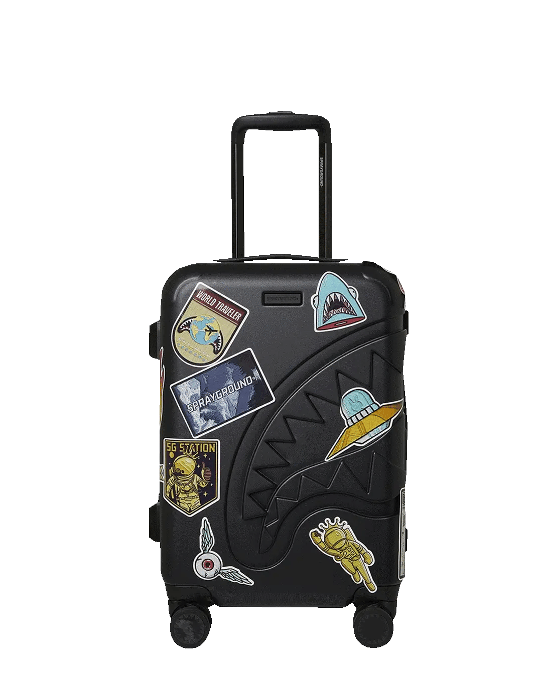 THE JOURNEY BEGINS SHARKITECTURE CARRY-ON LUGGAGE BLACK WITH EXTRA STICKERS