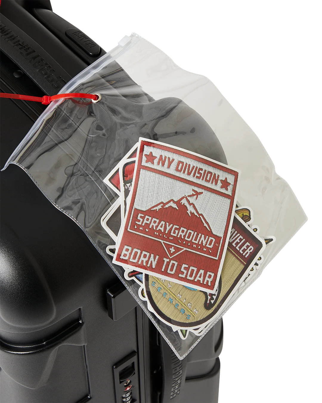 THE JOURNEY BEGINS SHARKITECTURE CARRY-ON LUGGAGE BLACK WITH EXTRA STICKERS